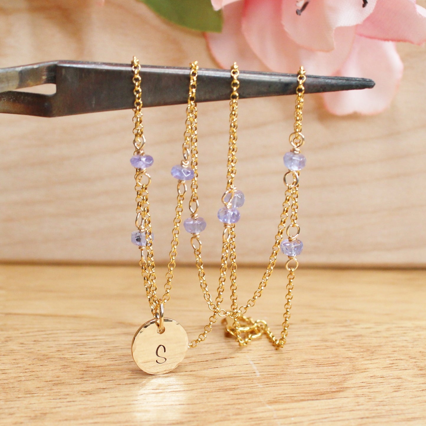 Tanzanite Station Chain with Initial Charm - Gold-Filled