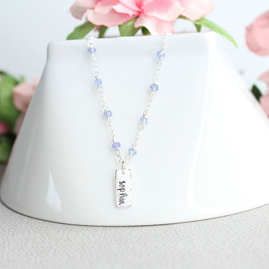 Hand Stamped Name Pendant on Birthstone Necklace