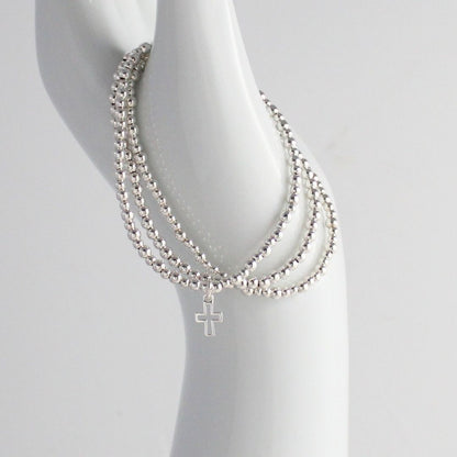 Small Open Cross Charm Silver Bead Stacking Bracelet