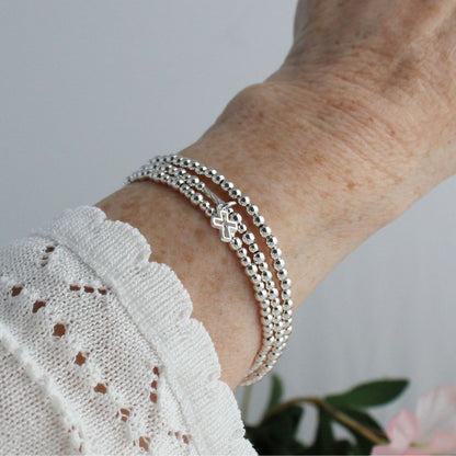 Small Open Cross Charm Silver Bead Stacking Bracelet