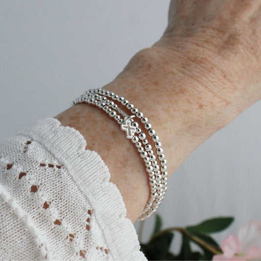 Sterling Silver Beaded Stacking Bracelet Set – Tiny Cross Charm