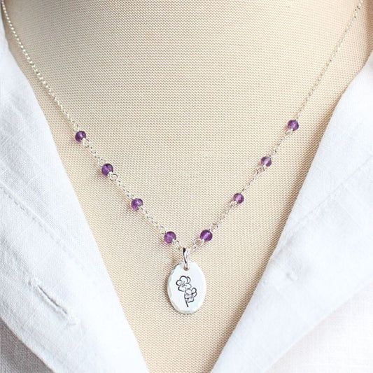 February Violet Birth Flower Necklace Sterling Silver