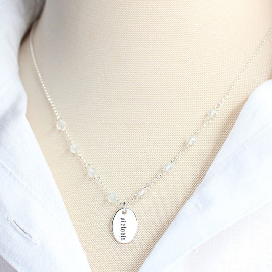 Hand stamped Name Charm on Birthstone Station Chain Necklace