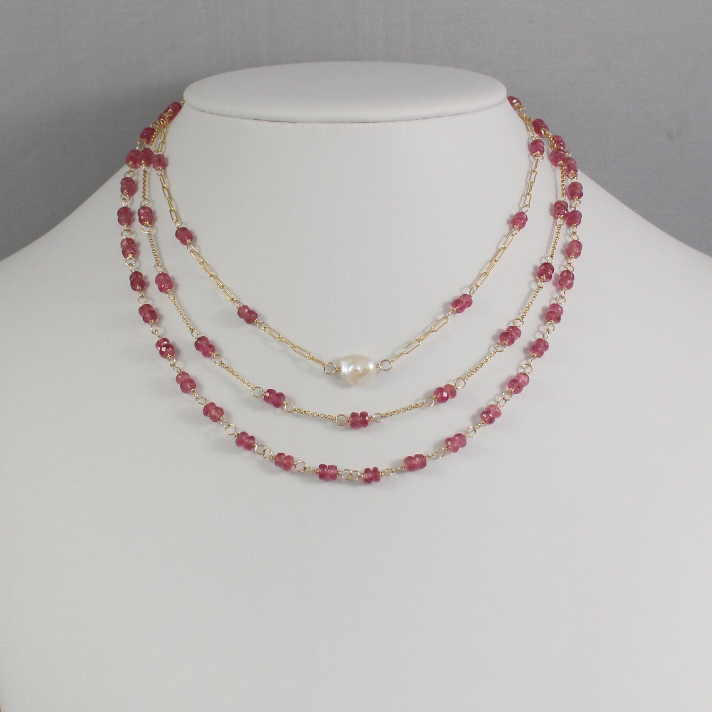 Pink Tourmaline Pearl Paperclip Chain Necklace - Isla