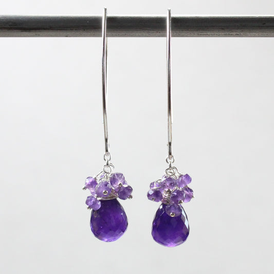 handcrafted amethyst earrings, deep purple facetted briolette drops, small faceted rondelle, sterling silver earwires