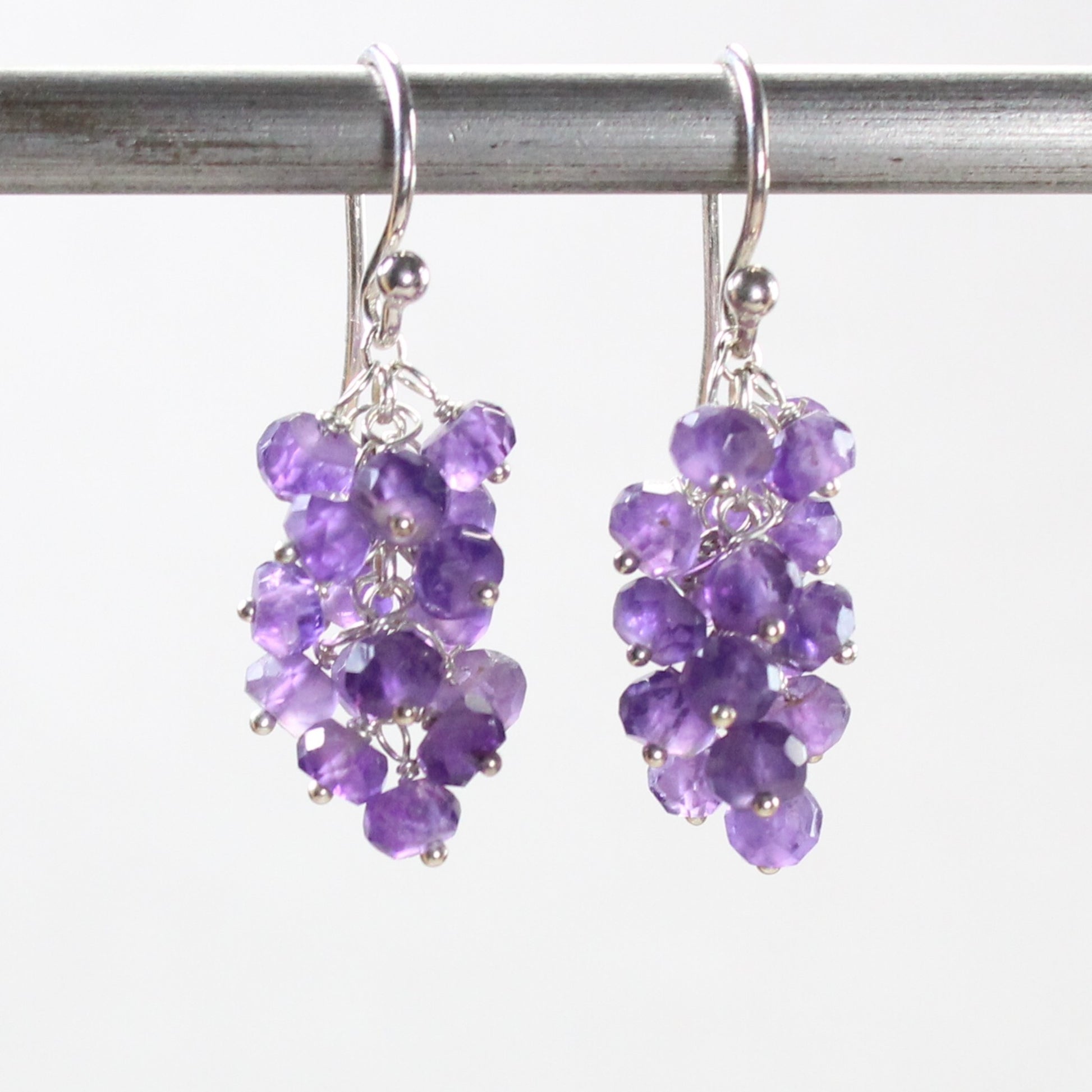 amethyst cluster dangle earrings, handcrafted, deep purple rondelle amethyst beads, sterling silver earwires