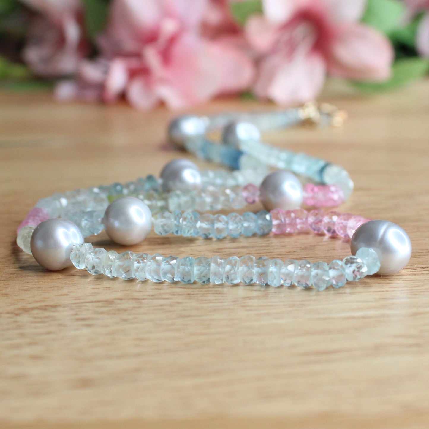 Aquamarine and Grey Freshwater Pearl Necklace - Celina