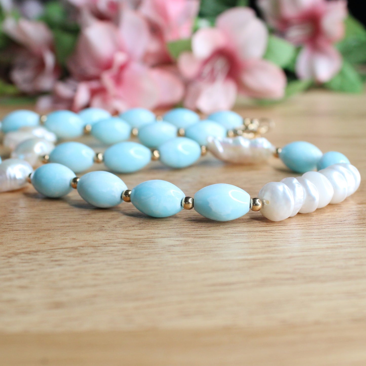 Blue Aragonite & Freshwater Pearl Necklace - Maya