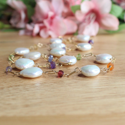 Coin Pearl Multi Gemstone Rainbow Necklace - Hera