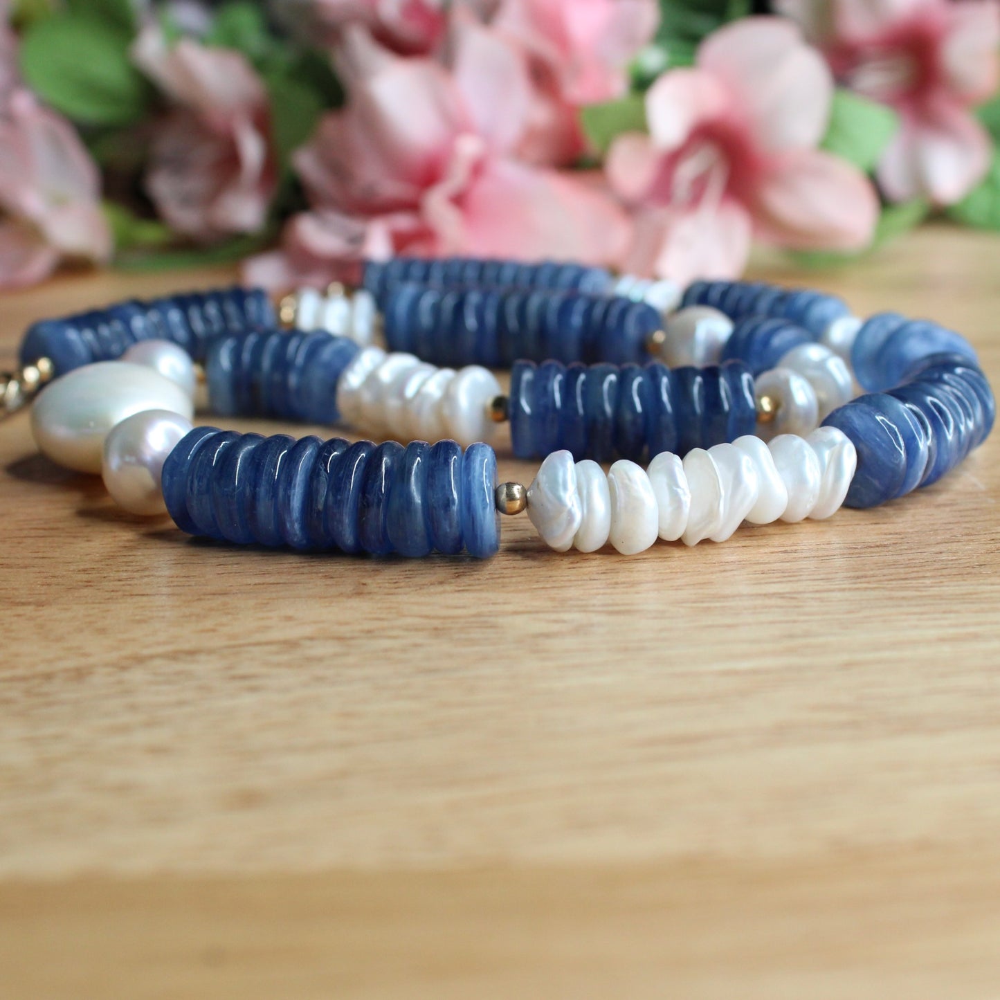 Blue Kyanite & Freshwater Pearl Beaded Necklace - Penelope