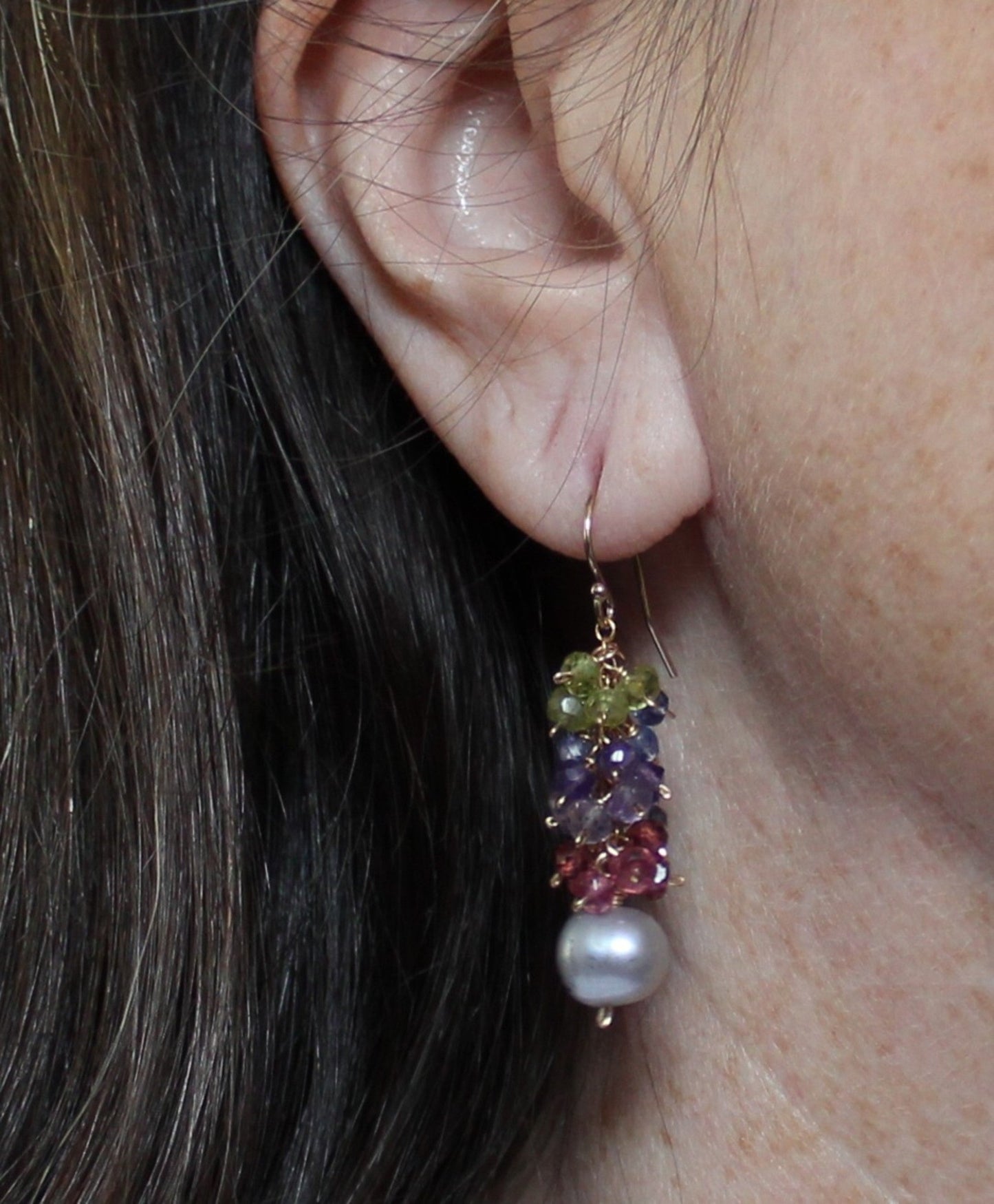 Mixed Gemstone and Grey Baroque Pearl Earrings - Gaia