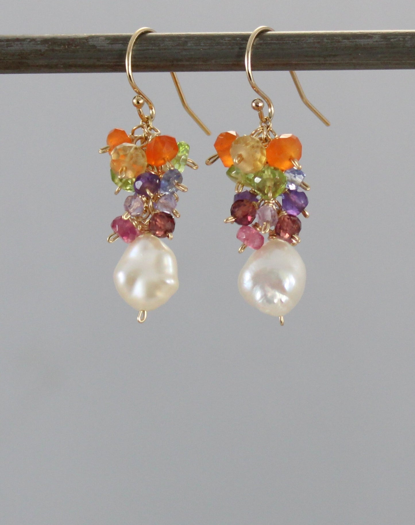 Rainbow Mixed Gemstone and Baroque Pearl Earrings - Feromia
