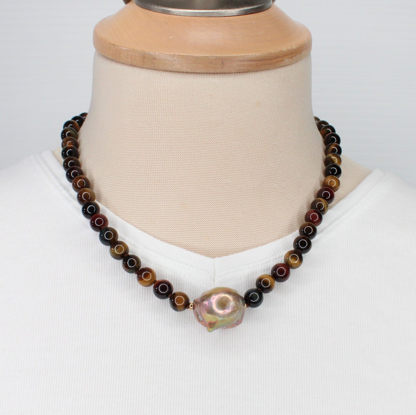 Multicolour Tigereye and Pearl Necklace - Stella