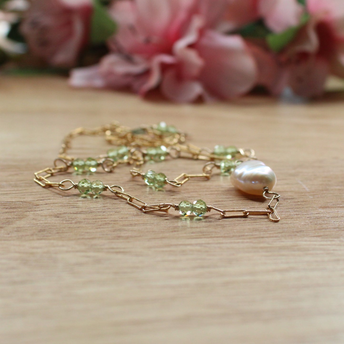Peridot and Freshwater Pearl Paperclip Chain Necklace - Beatrice