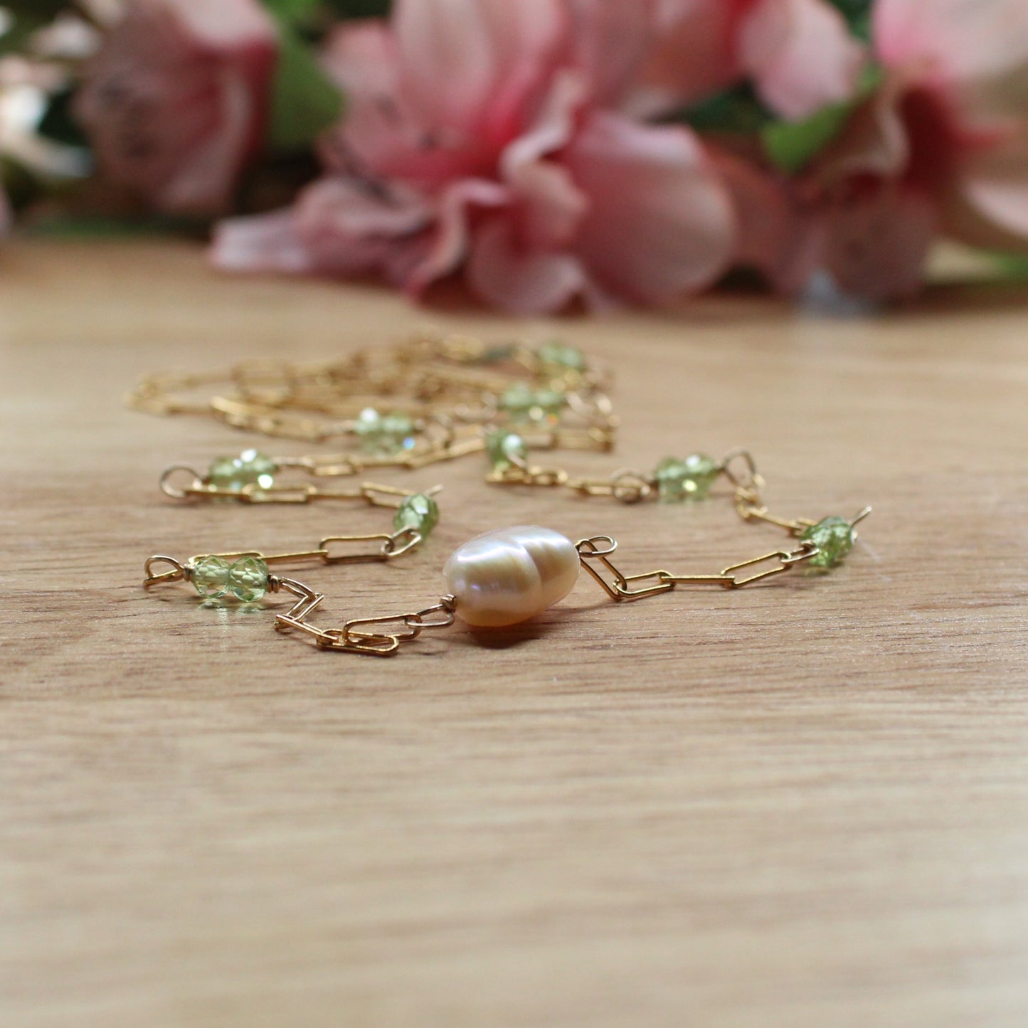 Peridot and Freshwater Pearl Paperclip Chain Necklace - Beatrice