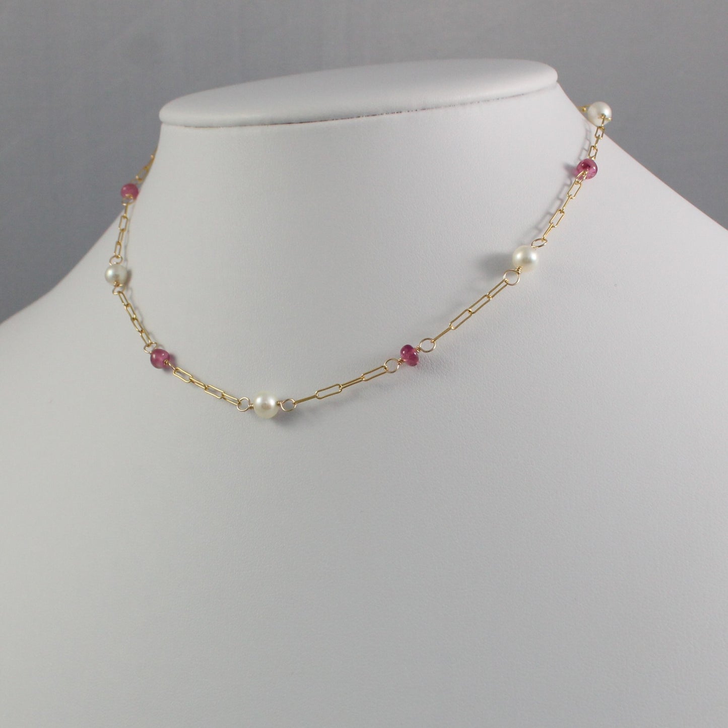 Pink Tourmaline, Freshwater Pearl Station Paperclip Chain Necklace - Sutton