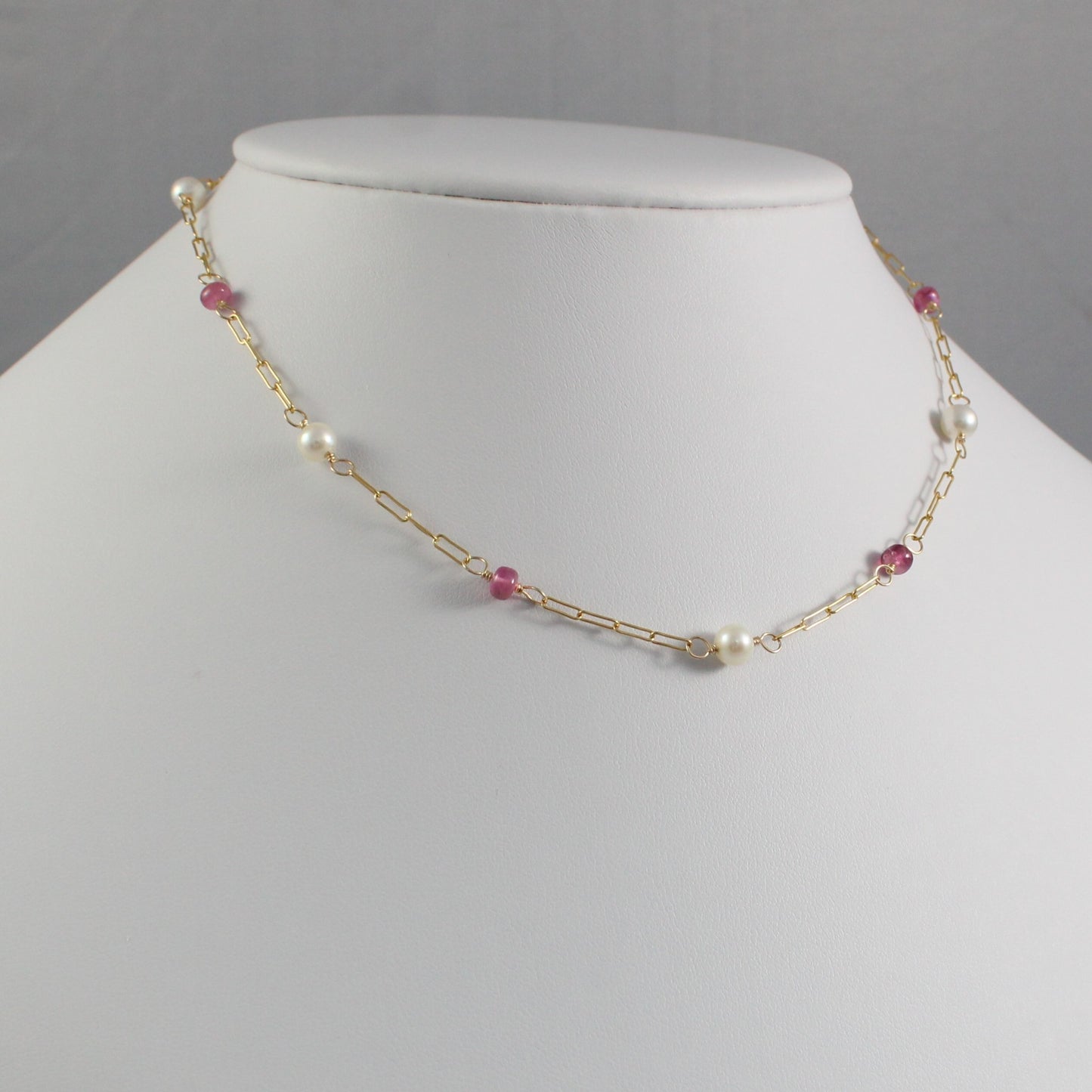 Pink Tourmaline, Freshwater Pearl Station Paperclip Chain Necklace - Sutton