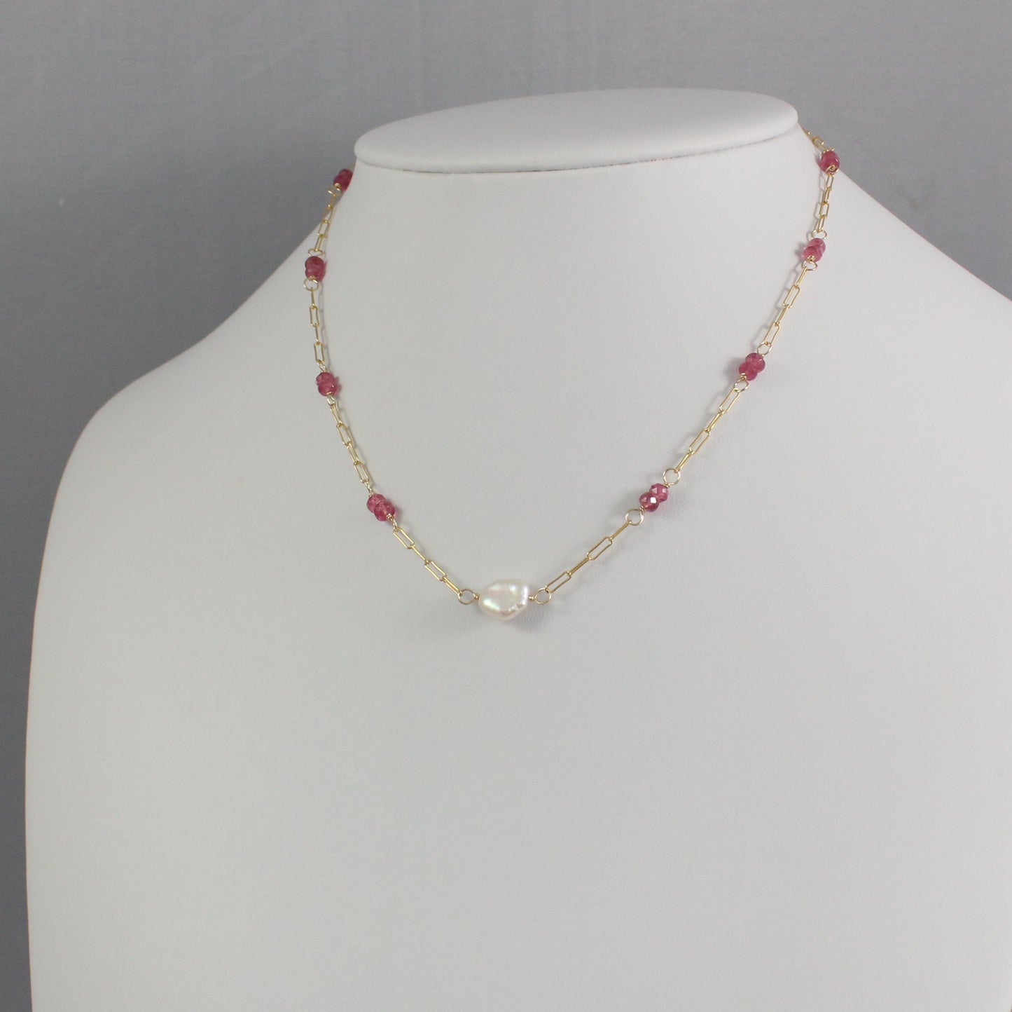 Pink Tourmaline Pearl Paperclip Chain Necklace - Isla
