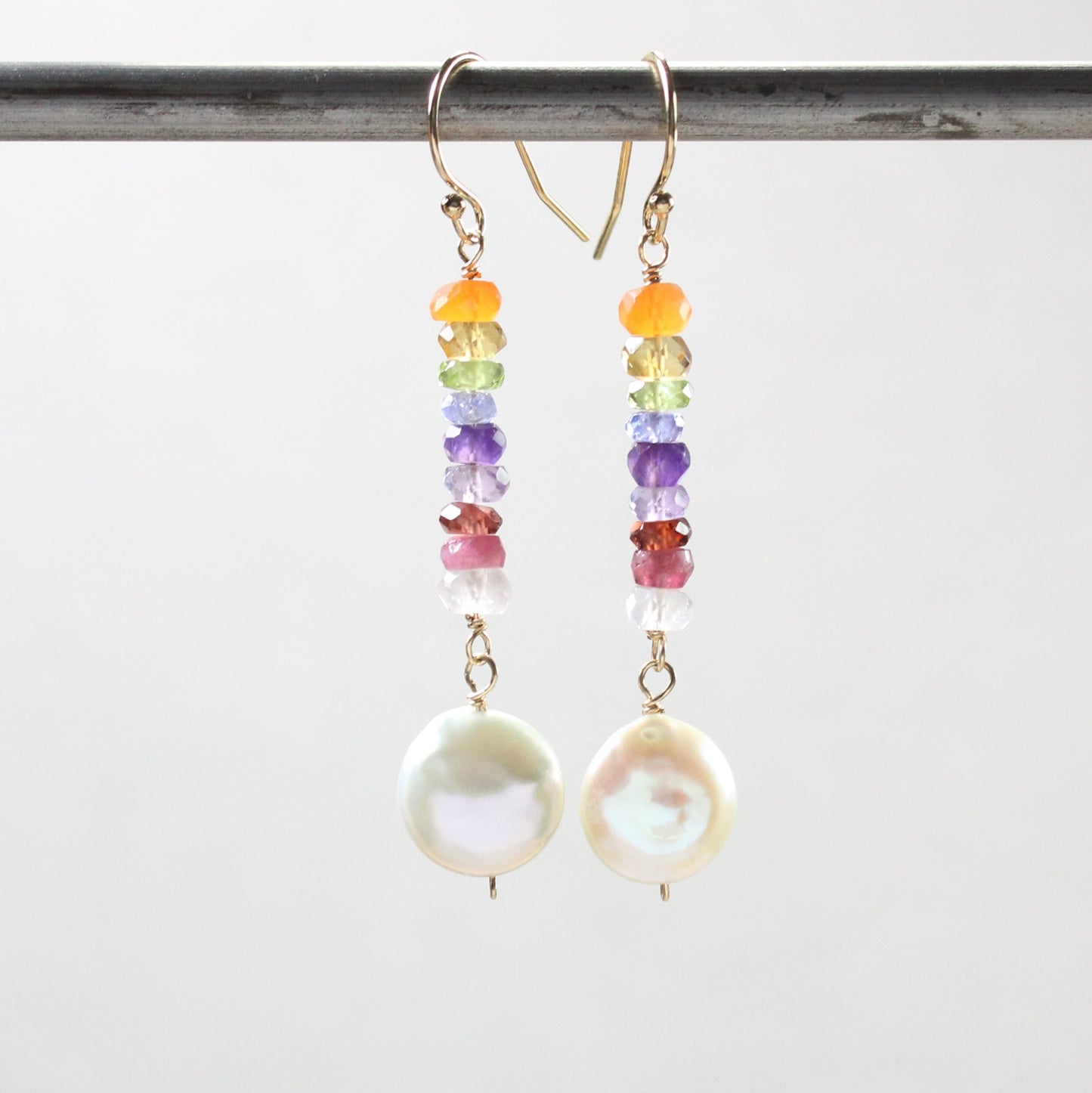 Mixed Gemstone and Freshwater Coin Pearl Stacked Earrings - Theia