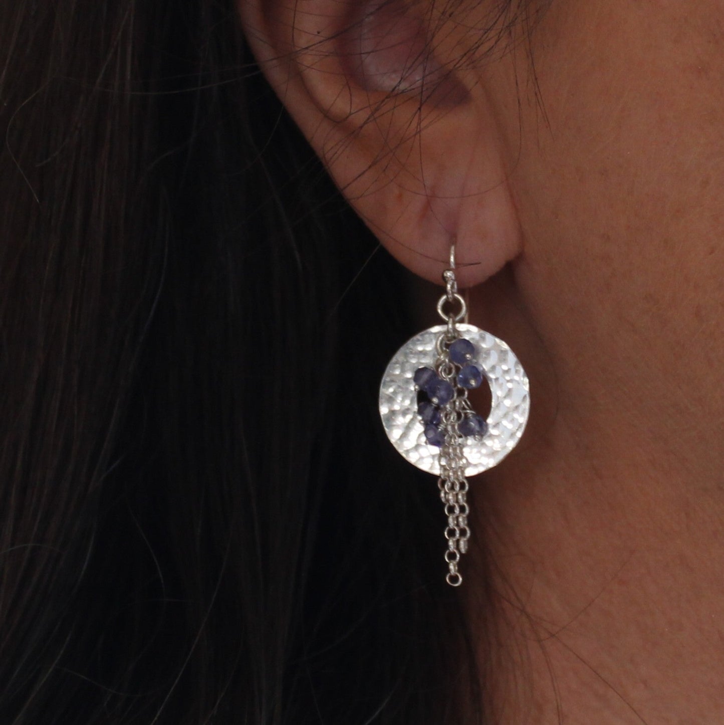 Tanzanite Silver Disc Dangle Earrings - Skylar